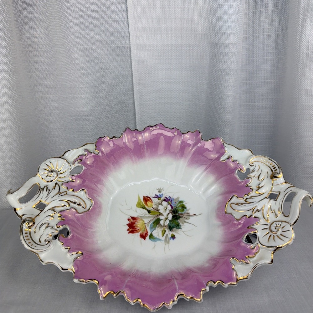 Carl Tielsch CT Pink Germany Hand Painted Floral Dish Bowl Antique VTG Imperfect